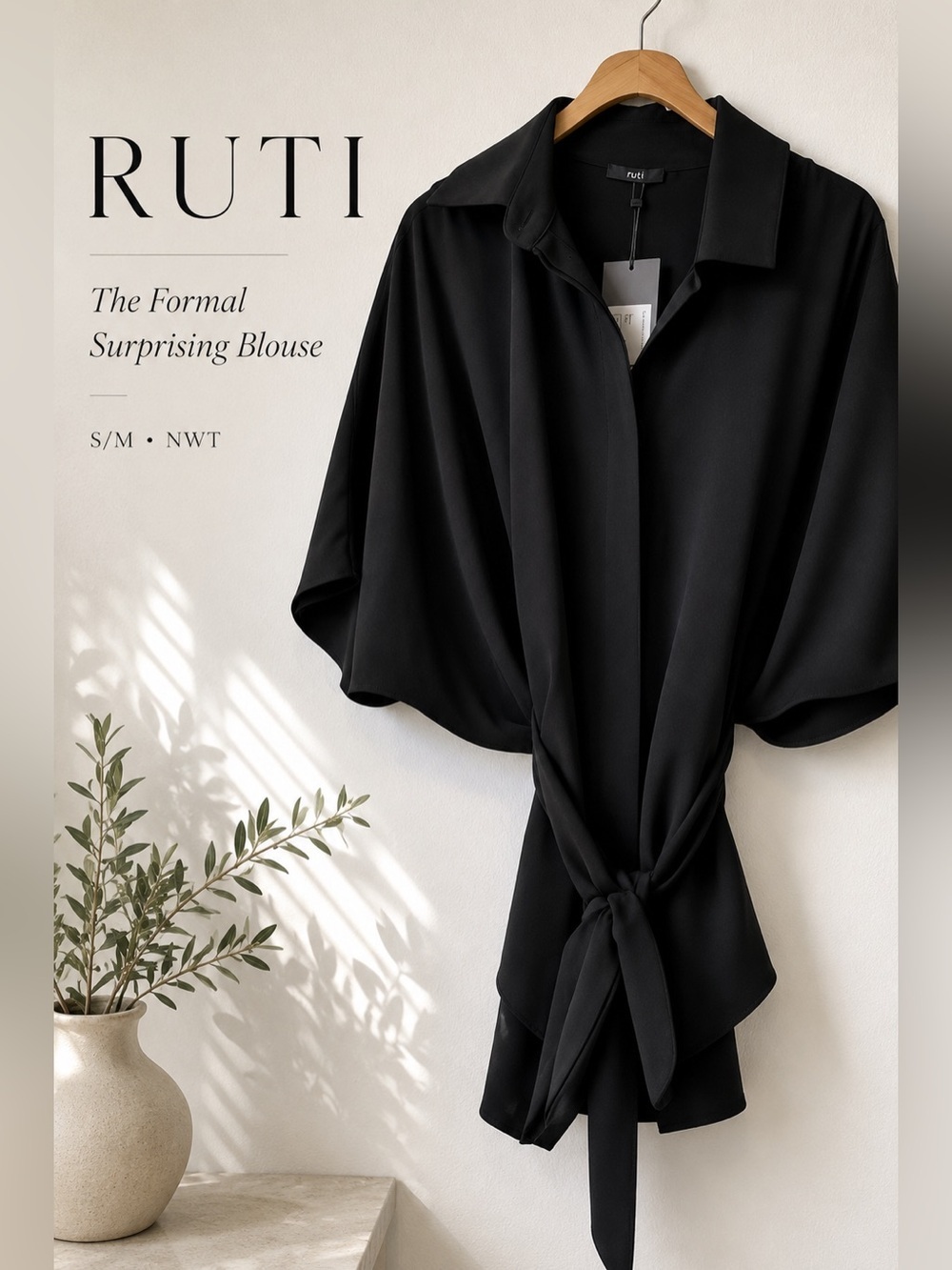 Ruti The Formal Surprising Blouse Black Tie Front Draped Top S/M NWT MSRP $279